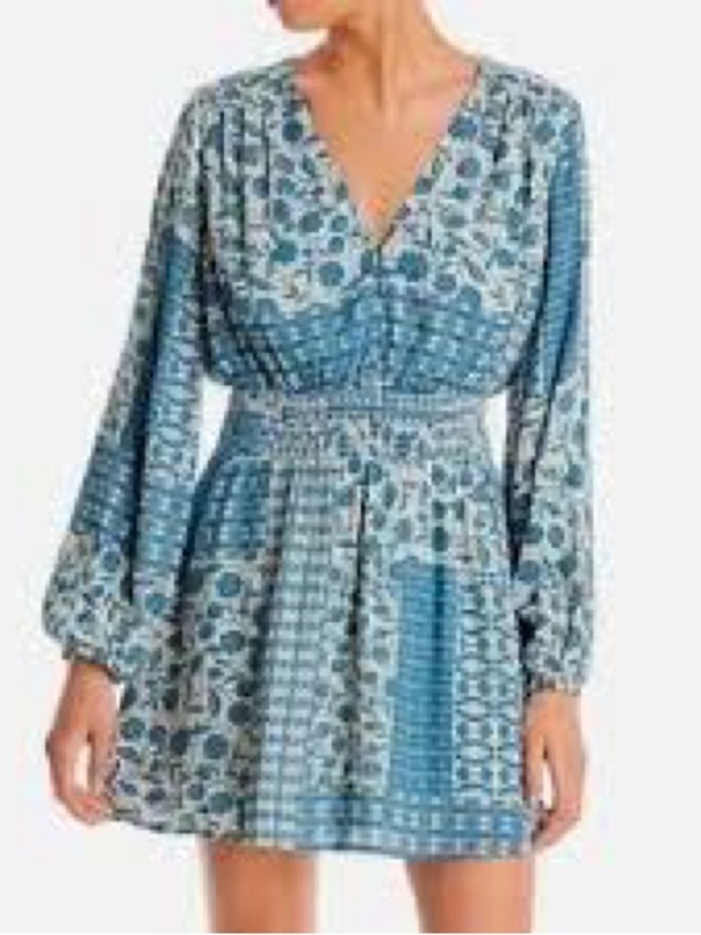 Aqua Blue Printed Patchwork Smocked Waist V-Neck Mini Dress - XL